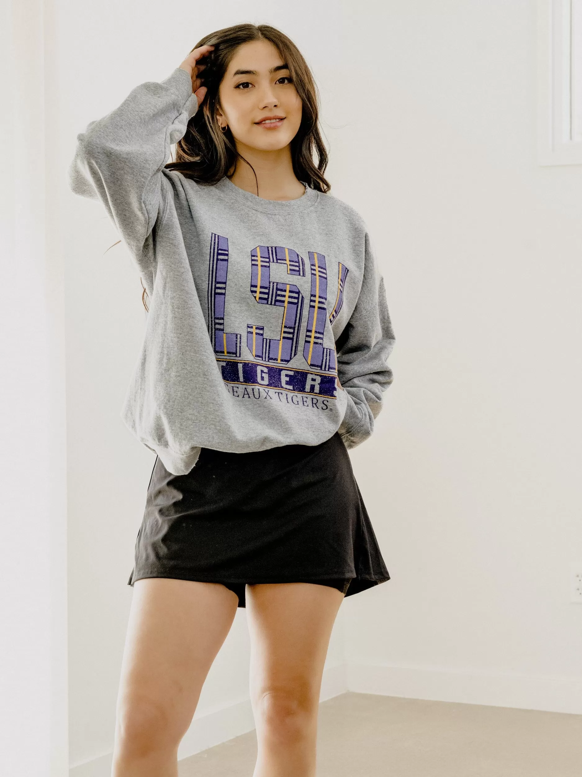 LSU Tigers Preppy Plaid Gray Thrifted Sweatshirt