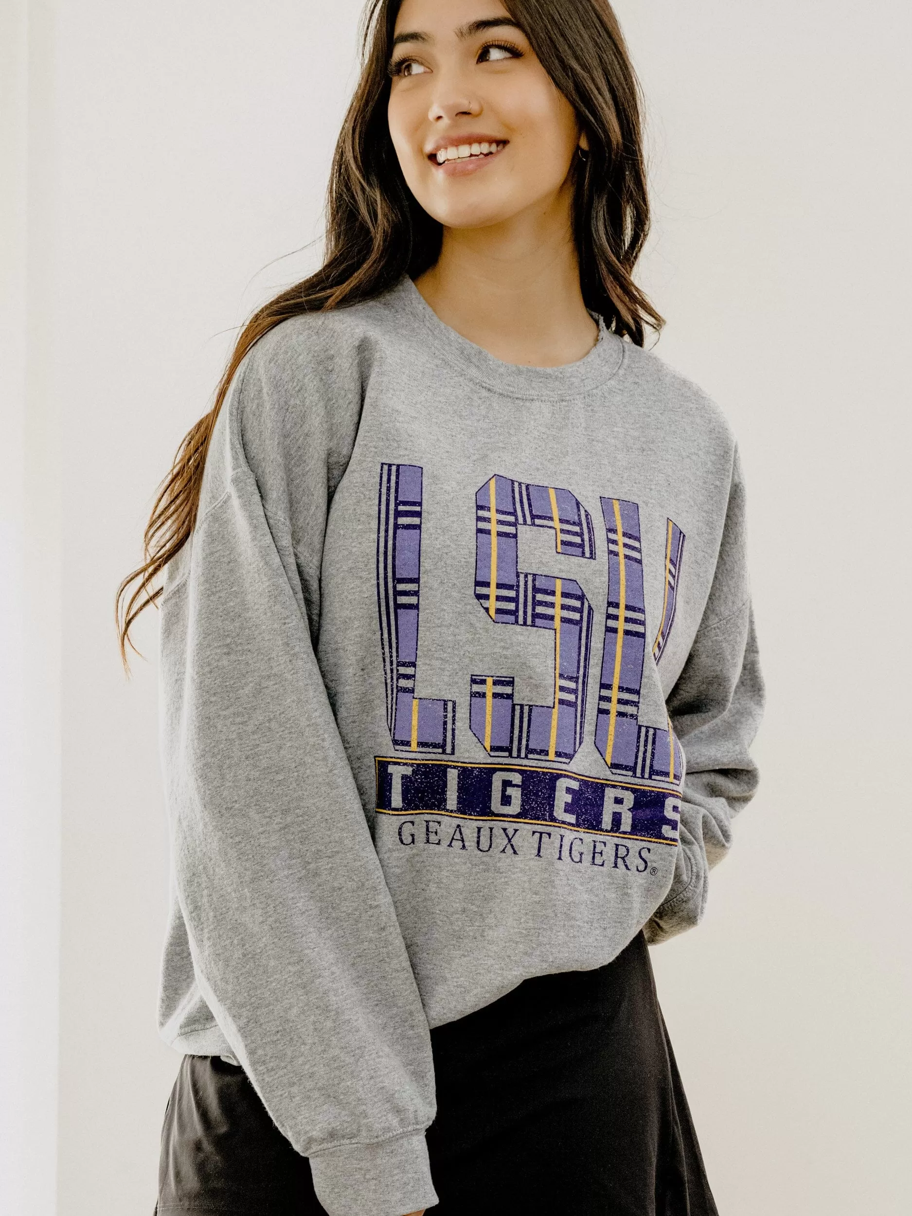 LSU Tigers Preppy Plaid Gray Thrifted Sweatshirt