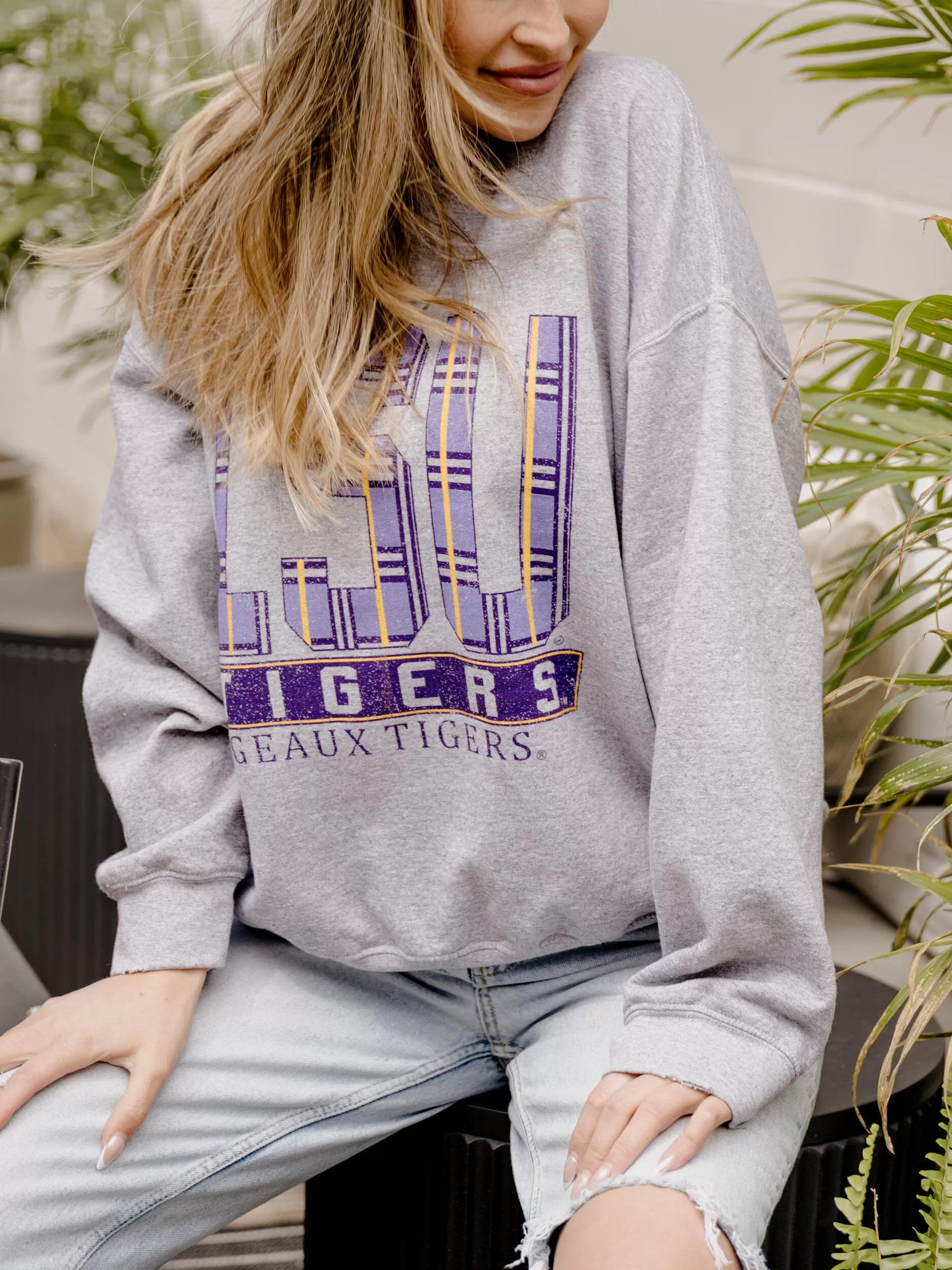 LSU Tigers Preppy Plaid Gray Thrifted Sweatshirt