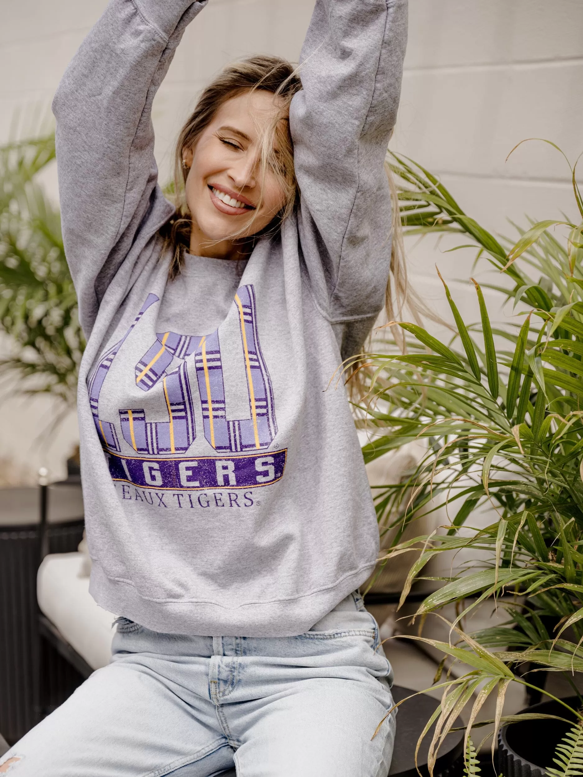 LSU Tigers Preppy Plaid Gray Thrifted Sweatshirt