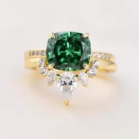 Luxurious Golden Tone Cushion Cut Emerald Green Bridal Set Sterling Silver