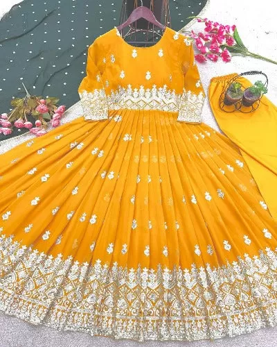 Mango Yellow Georgette Embroidery Sequence Work Anarkali Suit Set