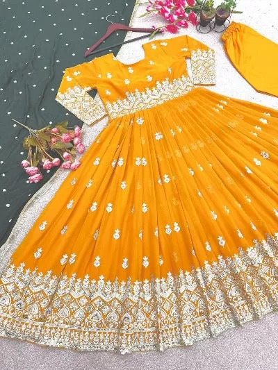 Mango Yellow Georgette Embroidery Sequence Work Anarkali Suit Set