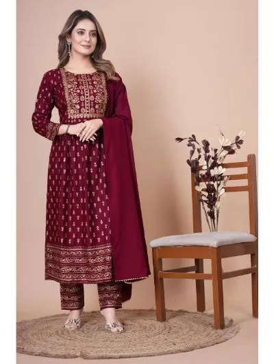 Maroon Rayon Anarkali Kurti, Pant with Dupatta Set of 3