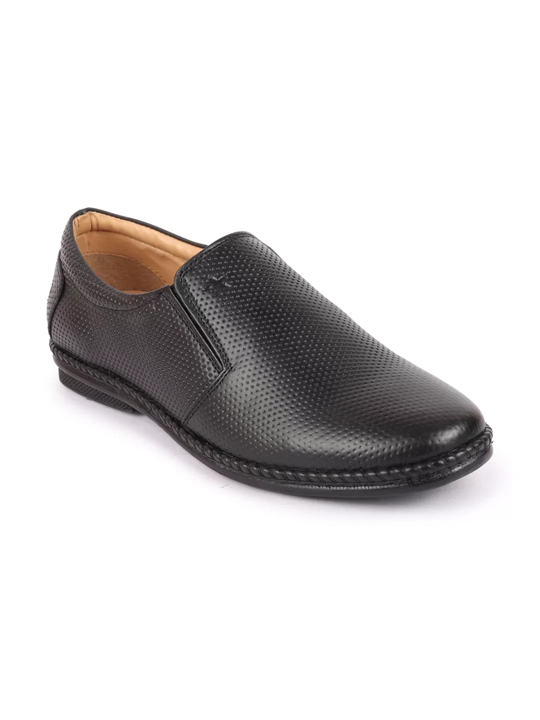 Men Black Textured Formal/Office Broad Toe Leather Slip On Shoes