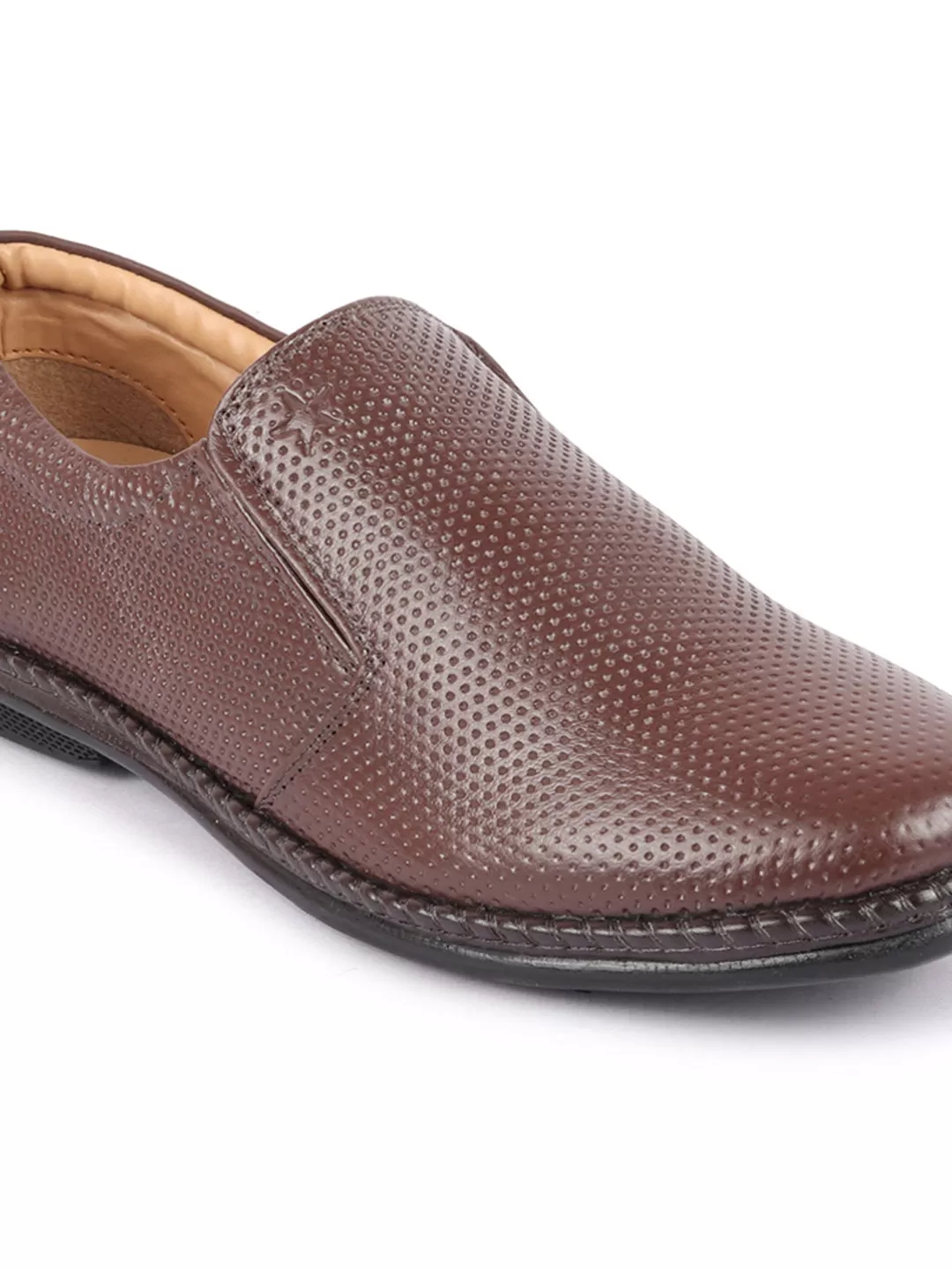 Men Brown Textured Formal/Office Broad Toe Leather Slip On Shoes