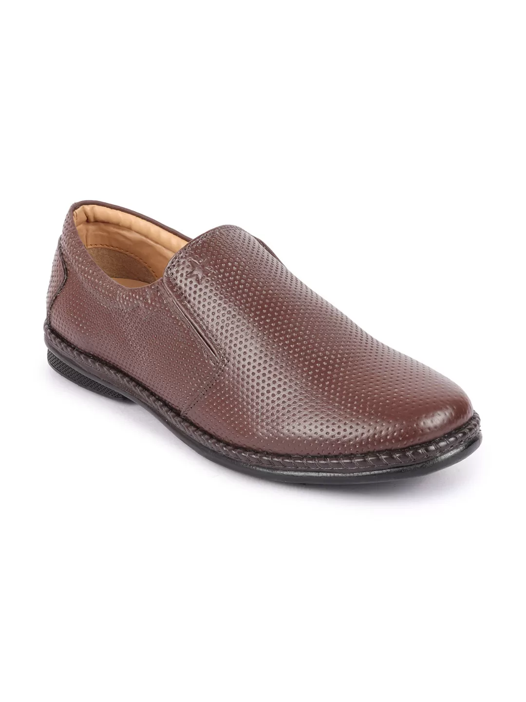 Men Brown Textured Formal/Office Broad Toe Leather Slip On Shoes