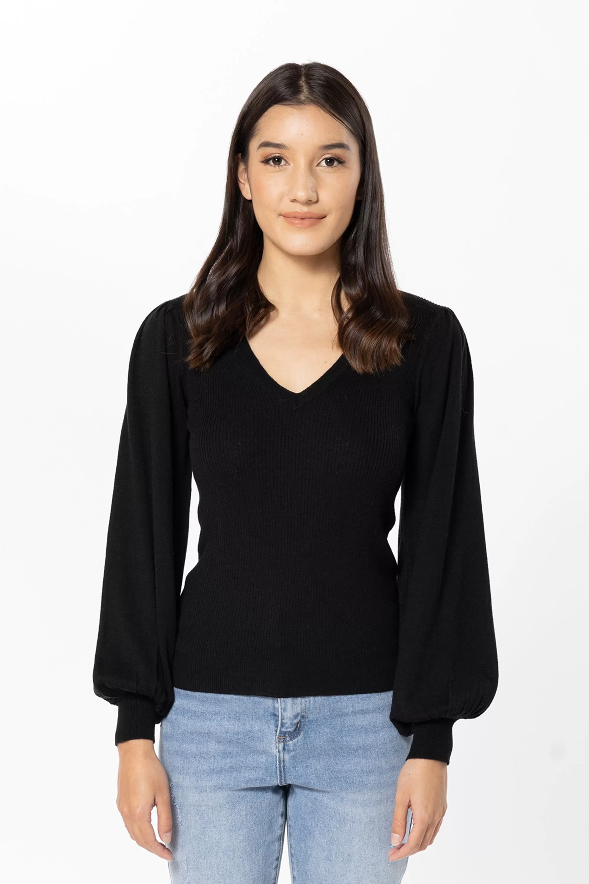 Milan Black Merino Blend V Neck Blouson Pullover