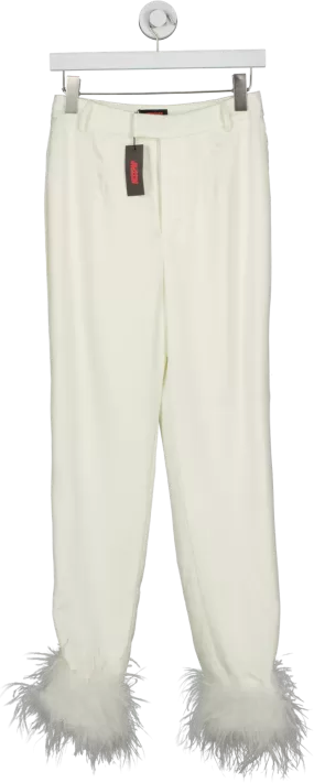 Misspap White Milan Premium Satin Feather Trim Trousers Ivory UK 8