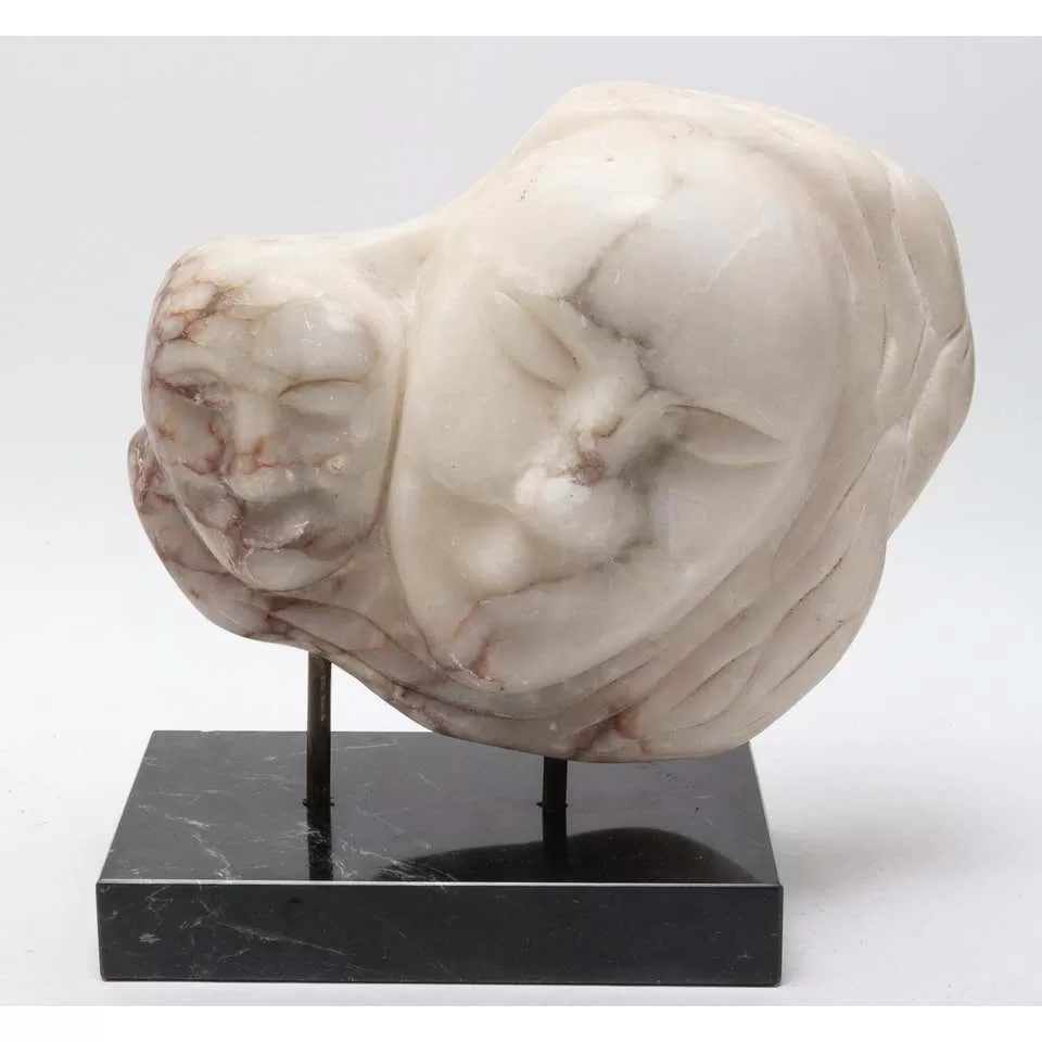 Modern "Mother & Child" White Marble Sculpture