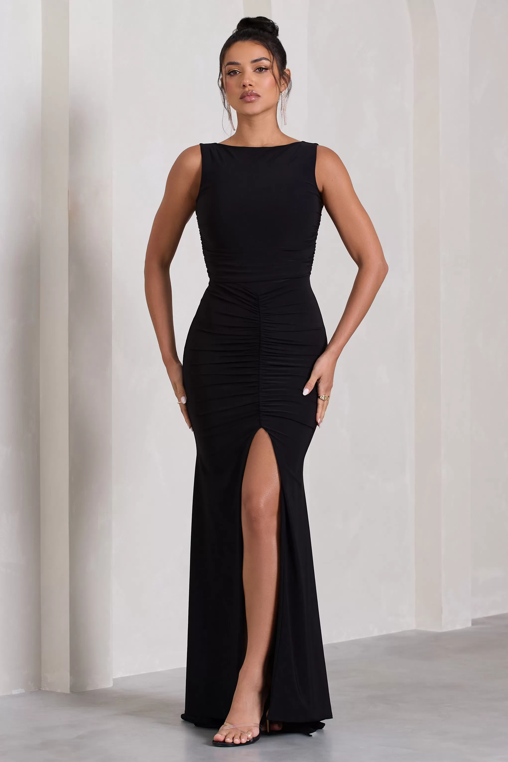 My Presence | Black Low-Back Fishtail Split Maxi Dress