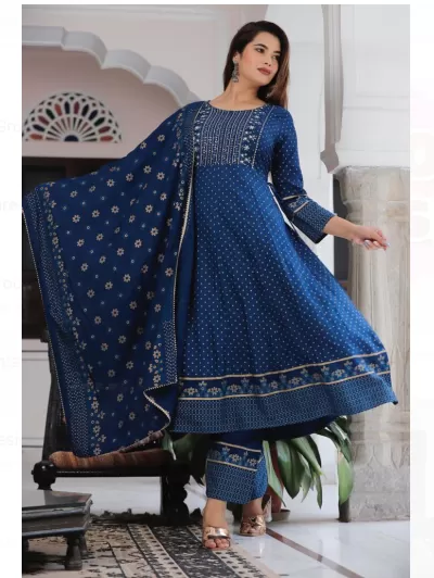 Navy Blue Embroidered ALineSalwar kameez Dupatta