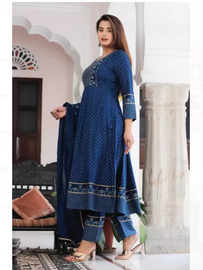 Navy Blue Embroidered ALineSalwar kameez Dupatta