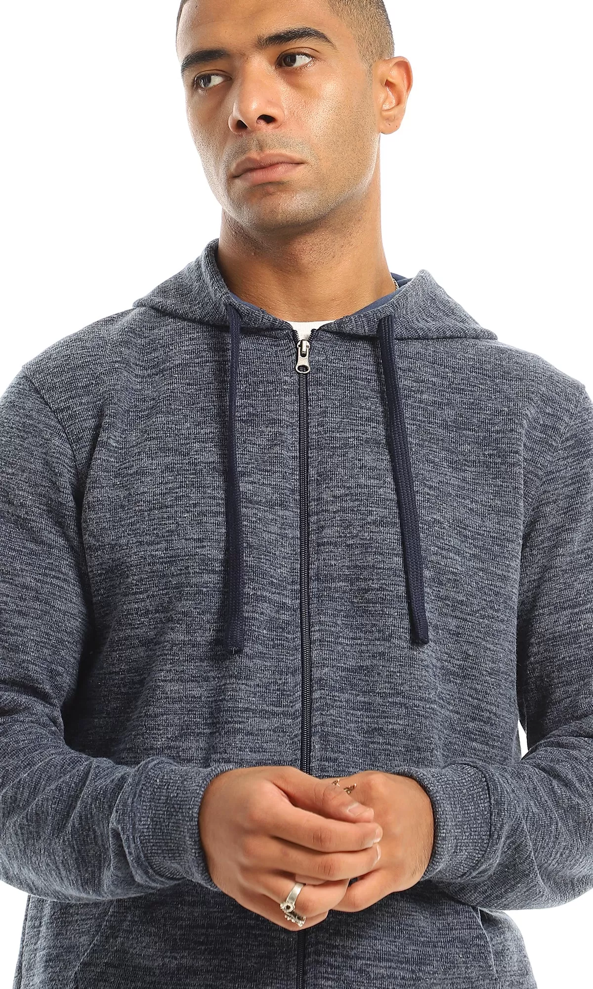 O155663 Front Pocket Hooded Zipper Sweatshirt - Heather Navy Blue