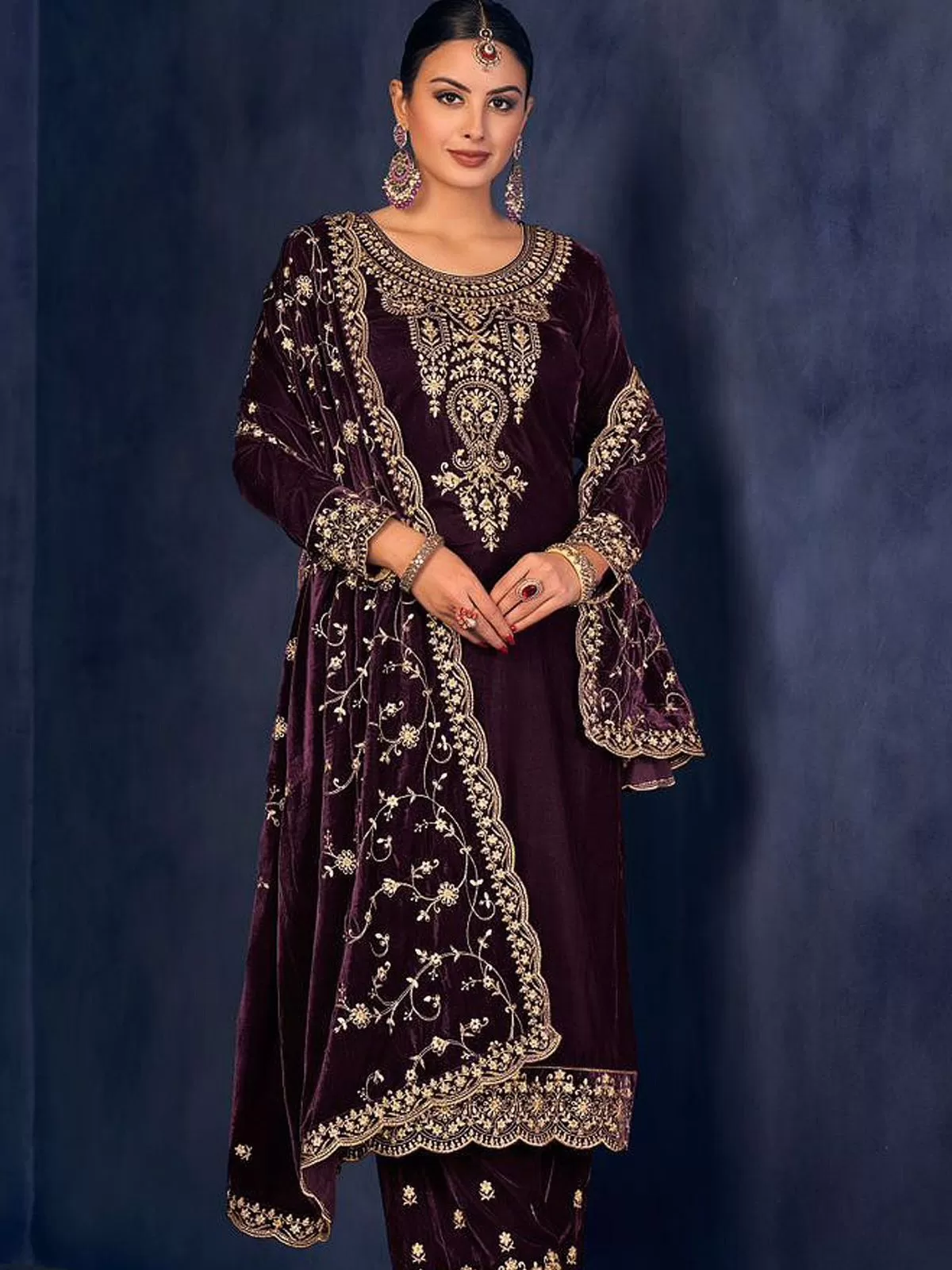 Odette Purple Floral Embroidered Velvet  Semi Stiched Straight Suit For Women