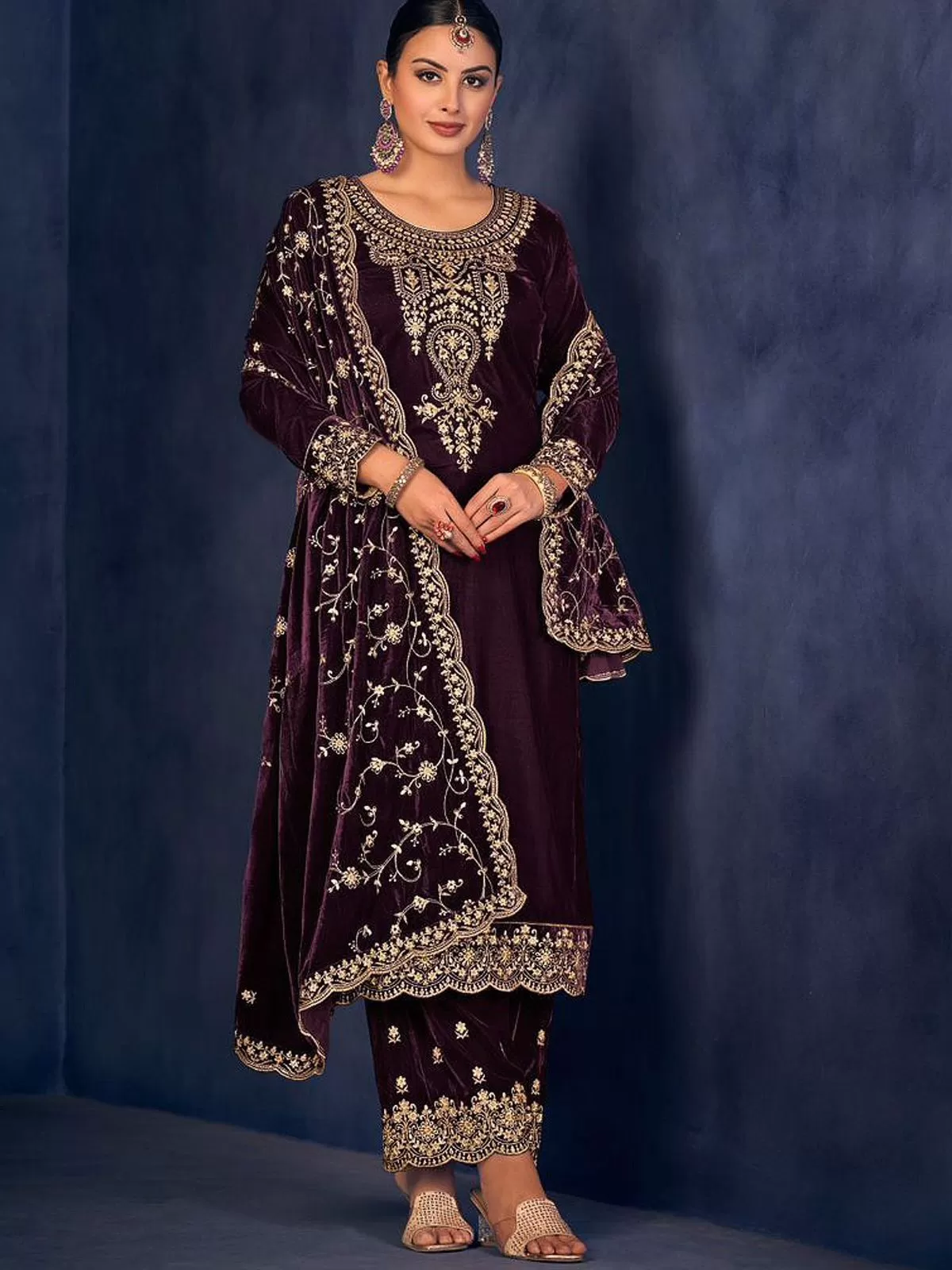 Odette Purple Floral Embroidered Velvet  Semi Stiched Straight Suit For Women