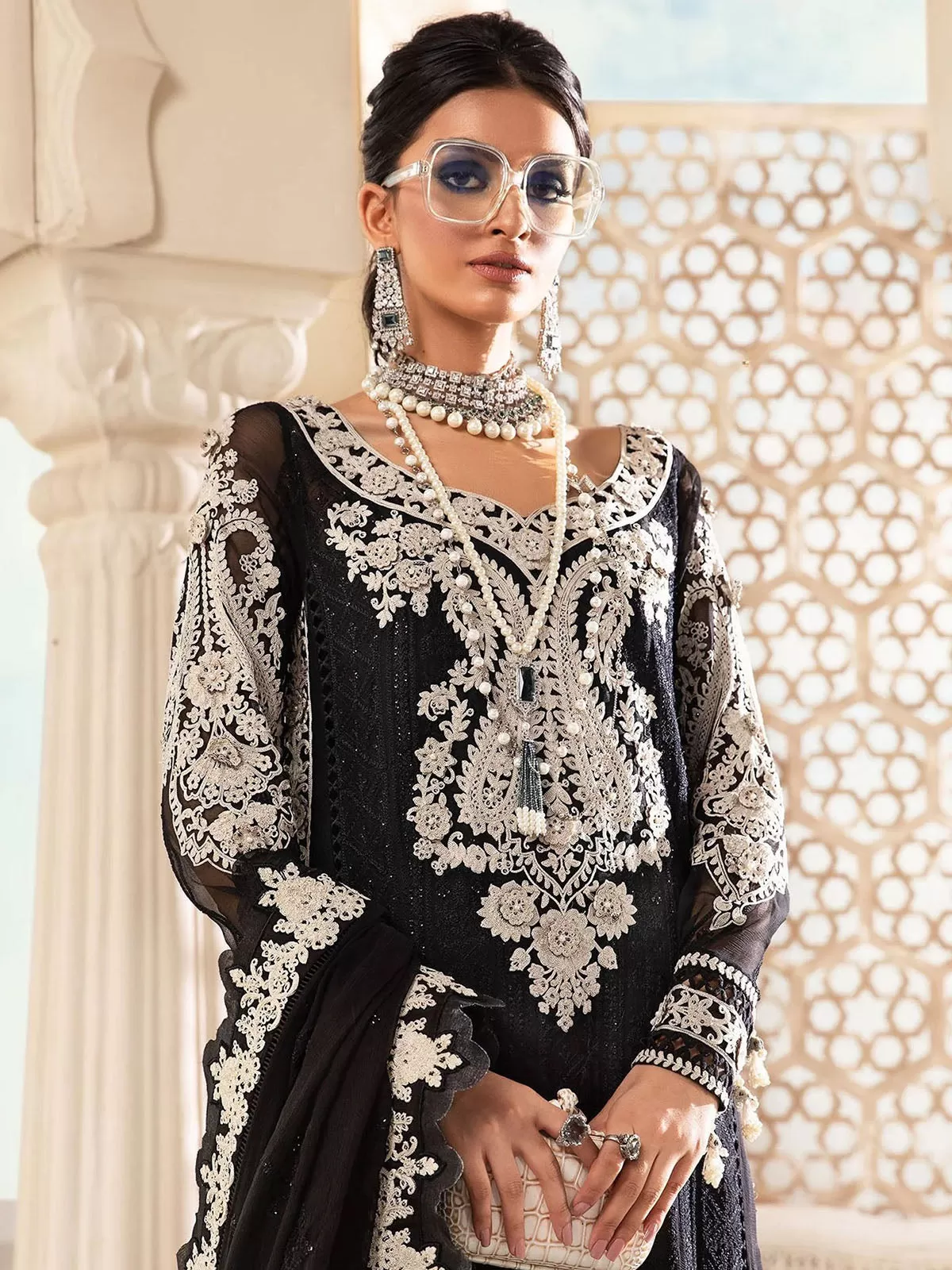 Odette Women Black Embroidered Georgette Partywear Semi Stitched Suit