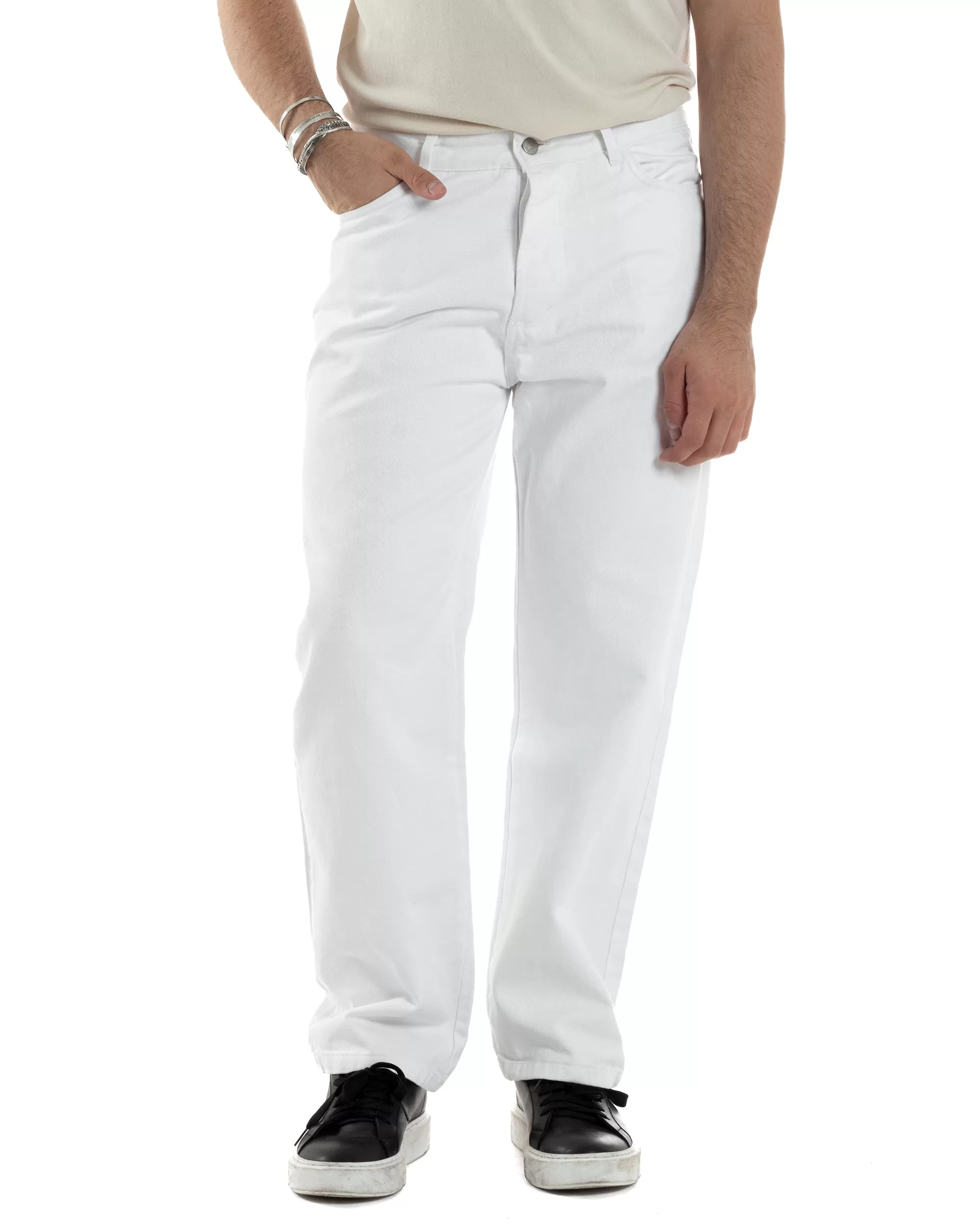 Pantaloni Uomo Jeans Straight Fit Baggy Basic Cinque Tasche Bianco GIOSAL-JS1039A