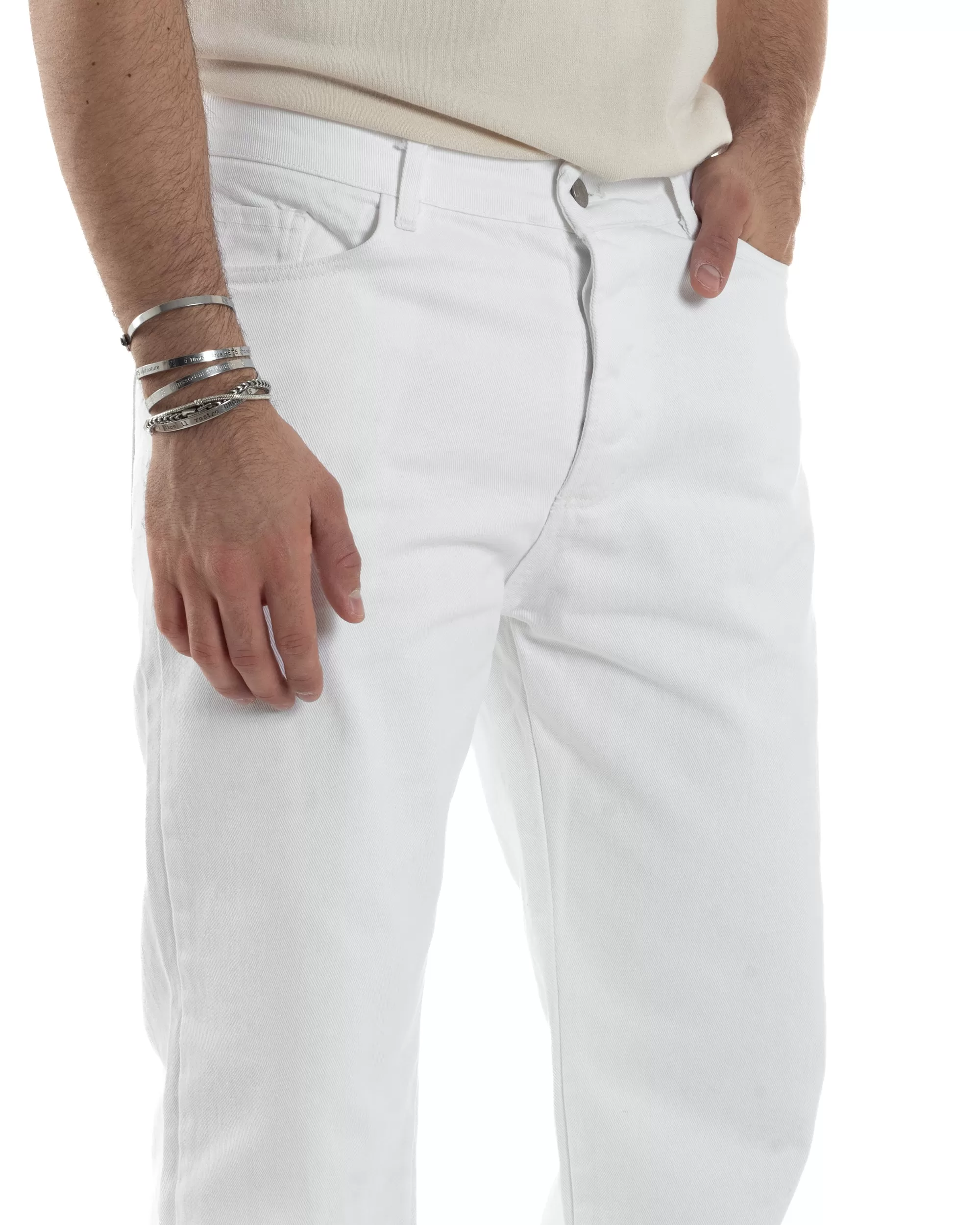 Pantaloni Uomo Jeans Straight Fit Baggy Basic Cinque Tasche Bianco GIOSAL-JS1039A