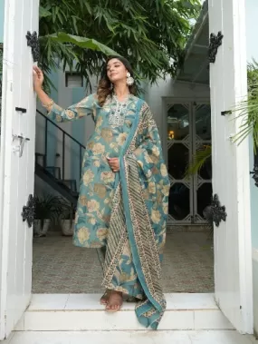 Pastel Blue Floral Cotton Afghani Style Salwar Suit Set