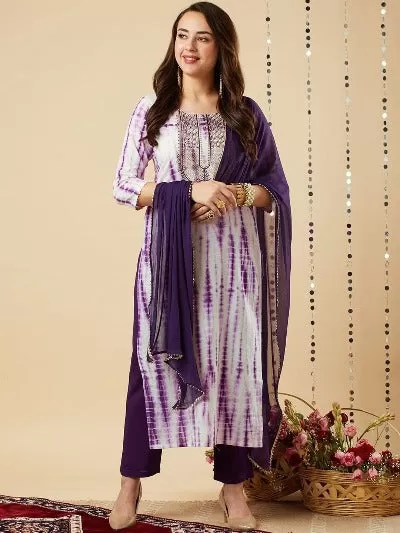 Purple Tie Dye Rayon Straight Salwar Suit Set