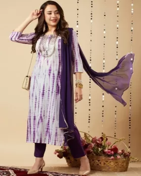 Purple Tie Dye Rayon Straight Salwar Suit Set