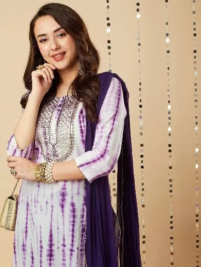 Purple Tie Dye Rayon Straight Salwar Suit Set