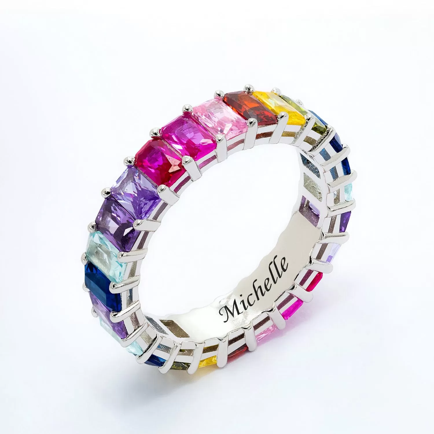 Rainbow Engraved Personalized Cubic Zirconia Ring