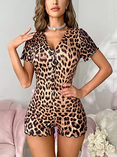 SHENHE Women's V Neck Short Sleeve Romper Playsuit Bodysuit Onesie Pajama Button Up Romper Leopard M