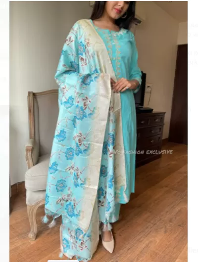 Sky Blue Cotton Handblock Salwar Suit Dupatta