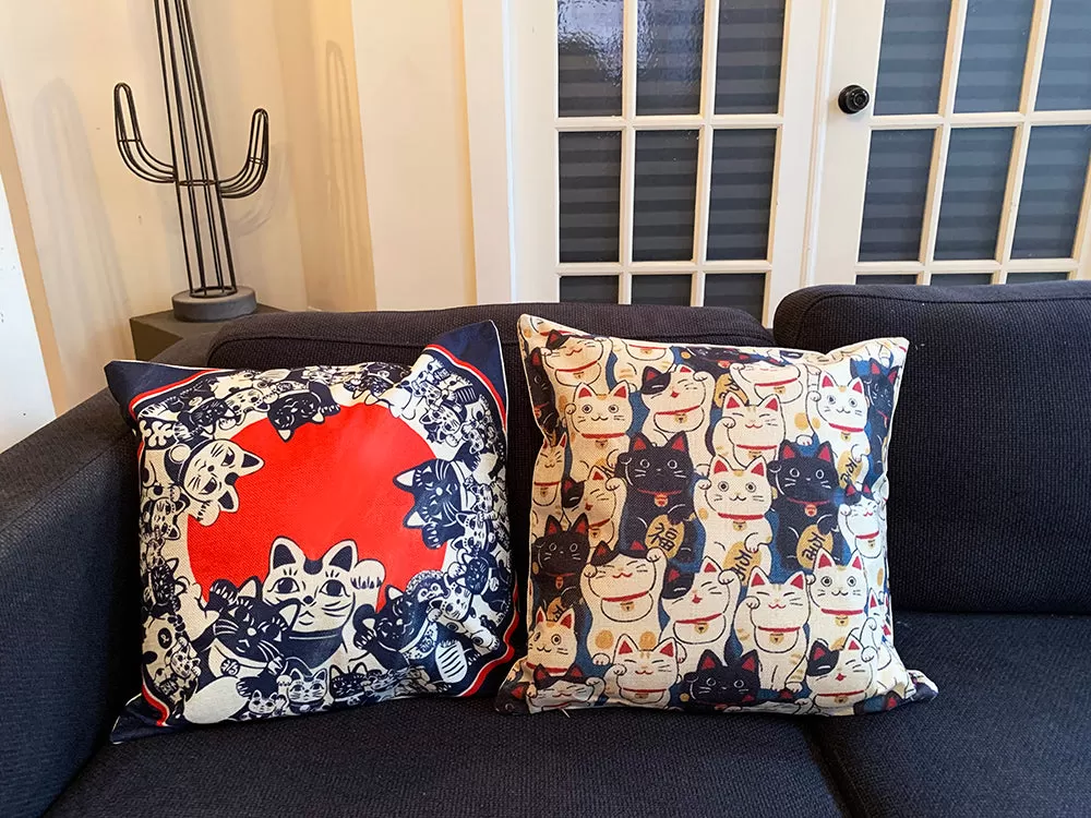 Square Toss Cushion Cover | Lucky Cats Maneki-Neko Navy