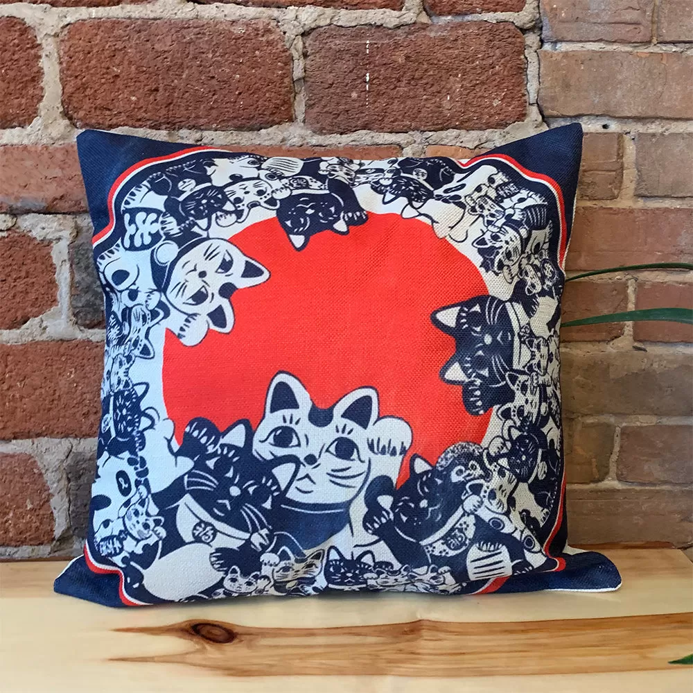 Square Toss Cushion Cover | Lucky Cats Maneki-Neko Navy