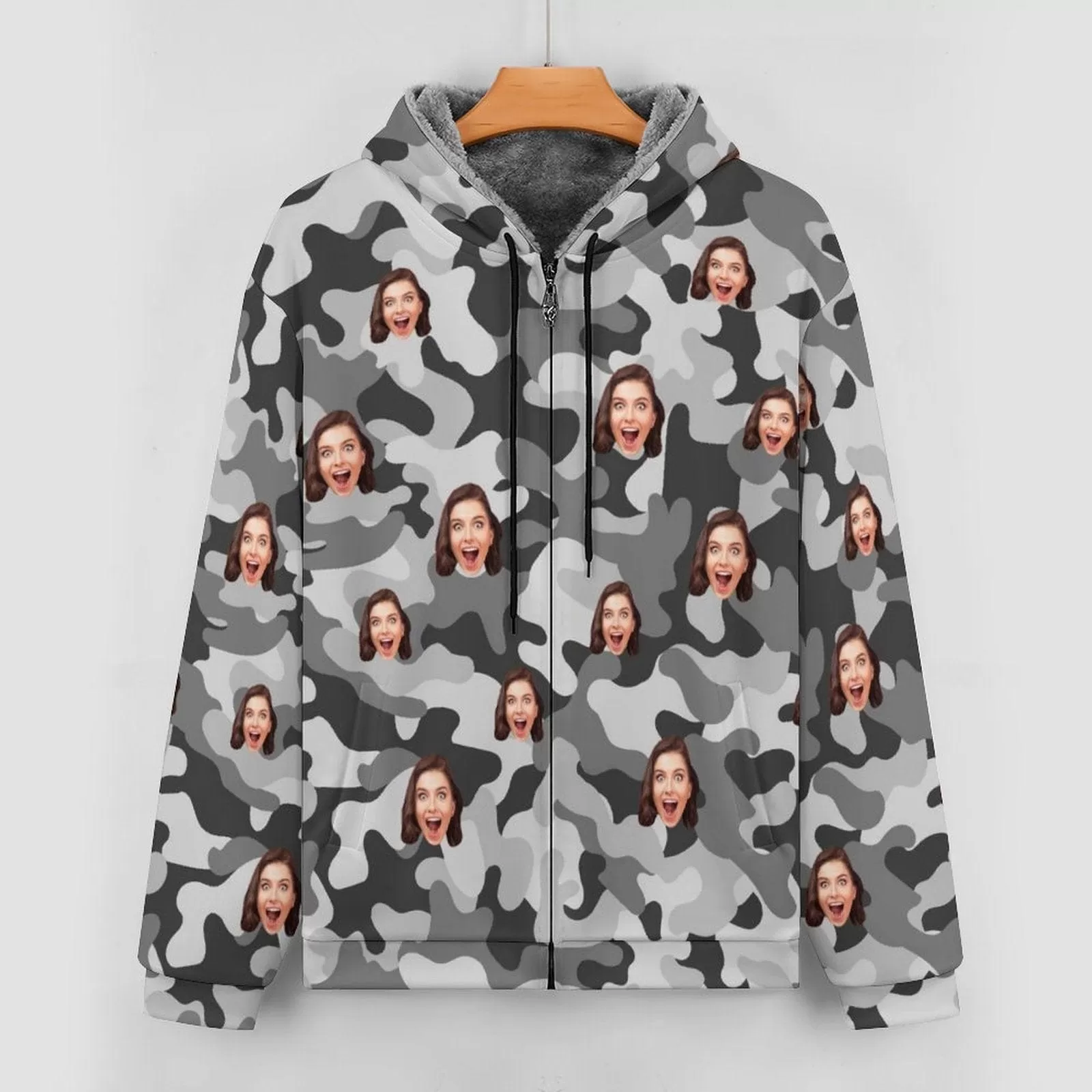 [Thick and Warm]Custom Face Camouflage Full Zip Hoodie Double Layer Fleece Thickened Jacket