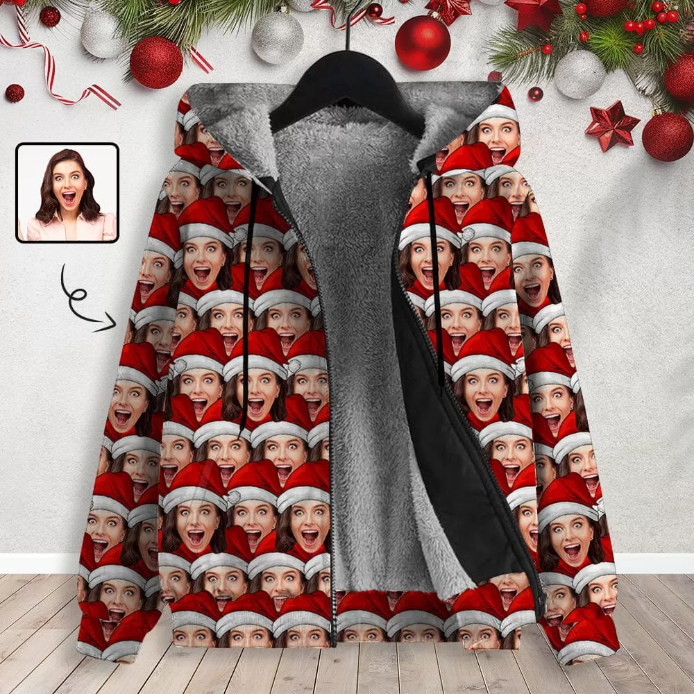 [Thick and Warm]Custom Seamless Face Christmas Hat Full Zip Hoodie Double Layer Fleece Thickened Jacket