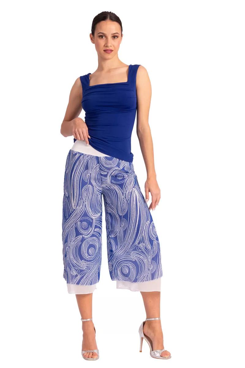 Two-layer Blue Cycladic Print Georgette Cropped Culottes With Slits