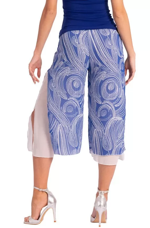 Two-layer Blue Cycladic Print Georgette Cropped Culottes With Slits