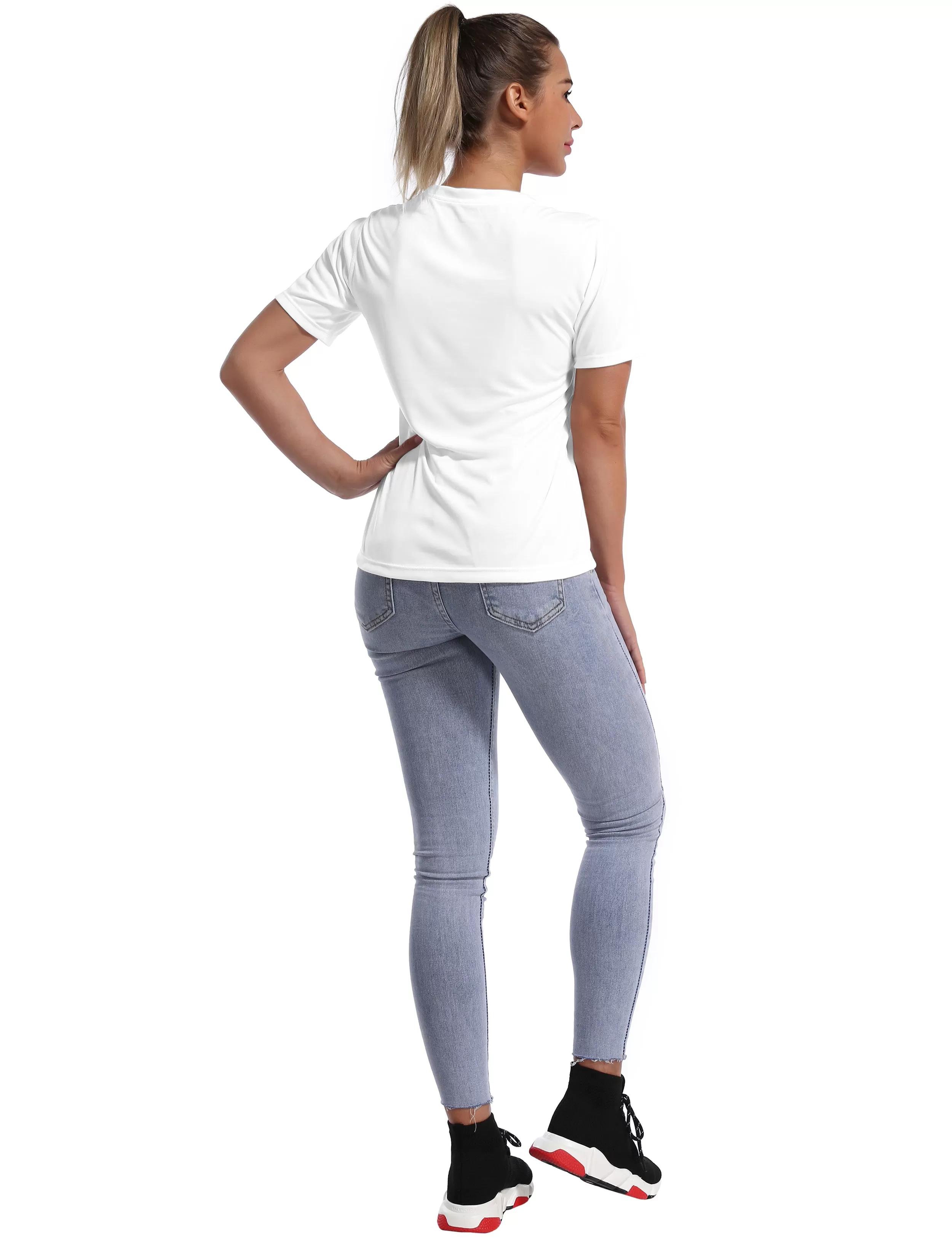 V-Neck Short Sleeve Athletic Shirts white_yogastudio