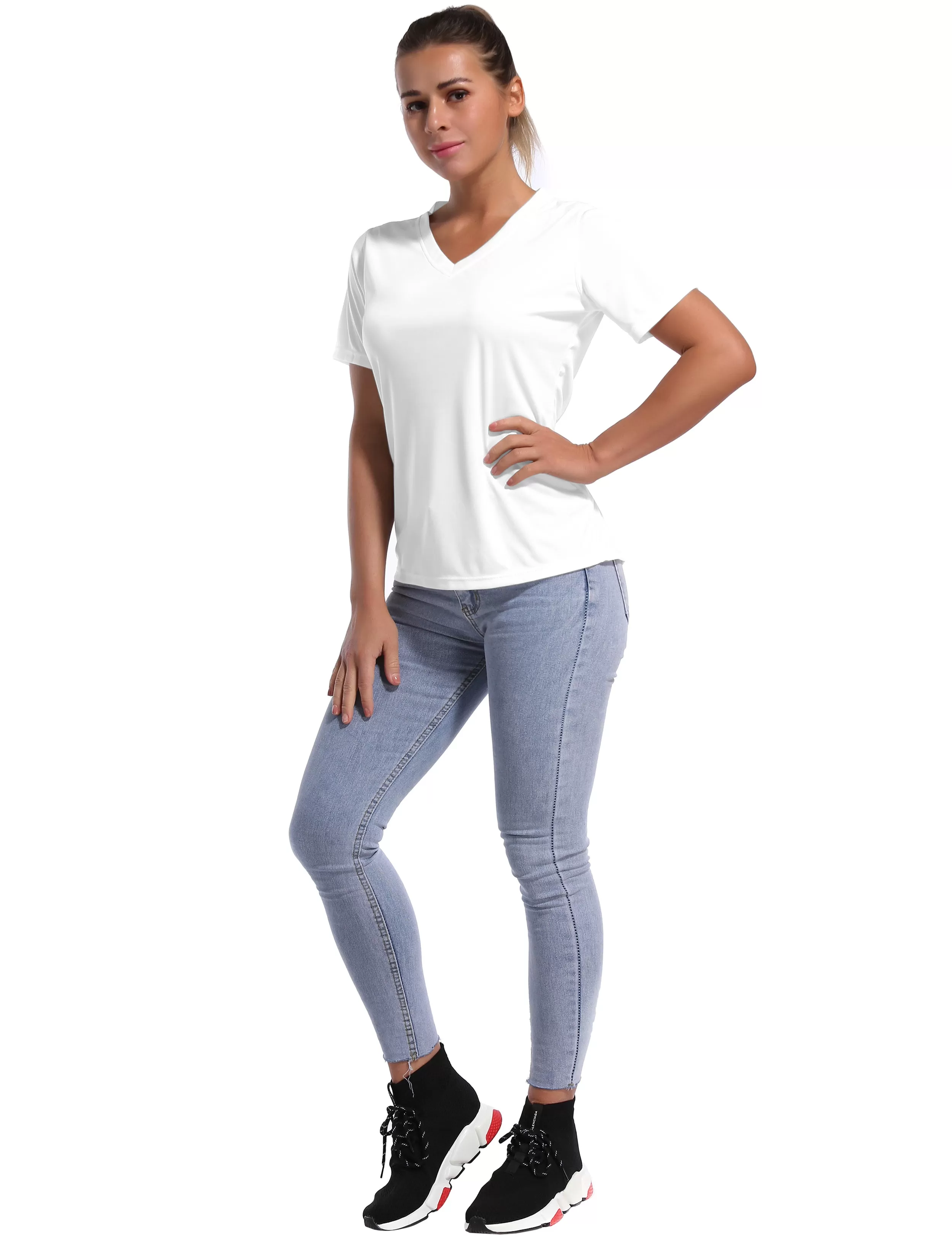 V-Neck Short Sleeve Athletic Shirts white_yogastudio