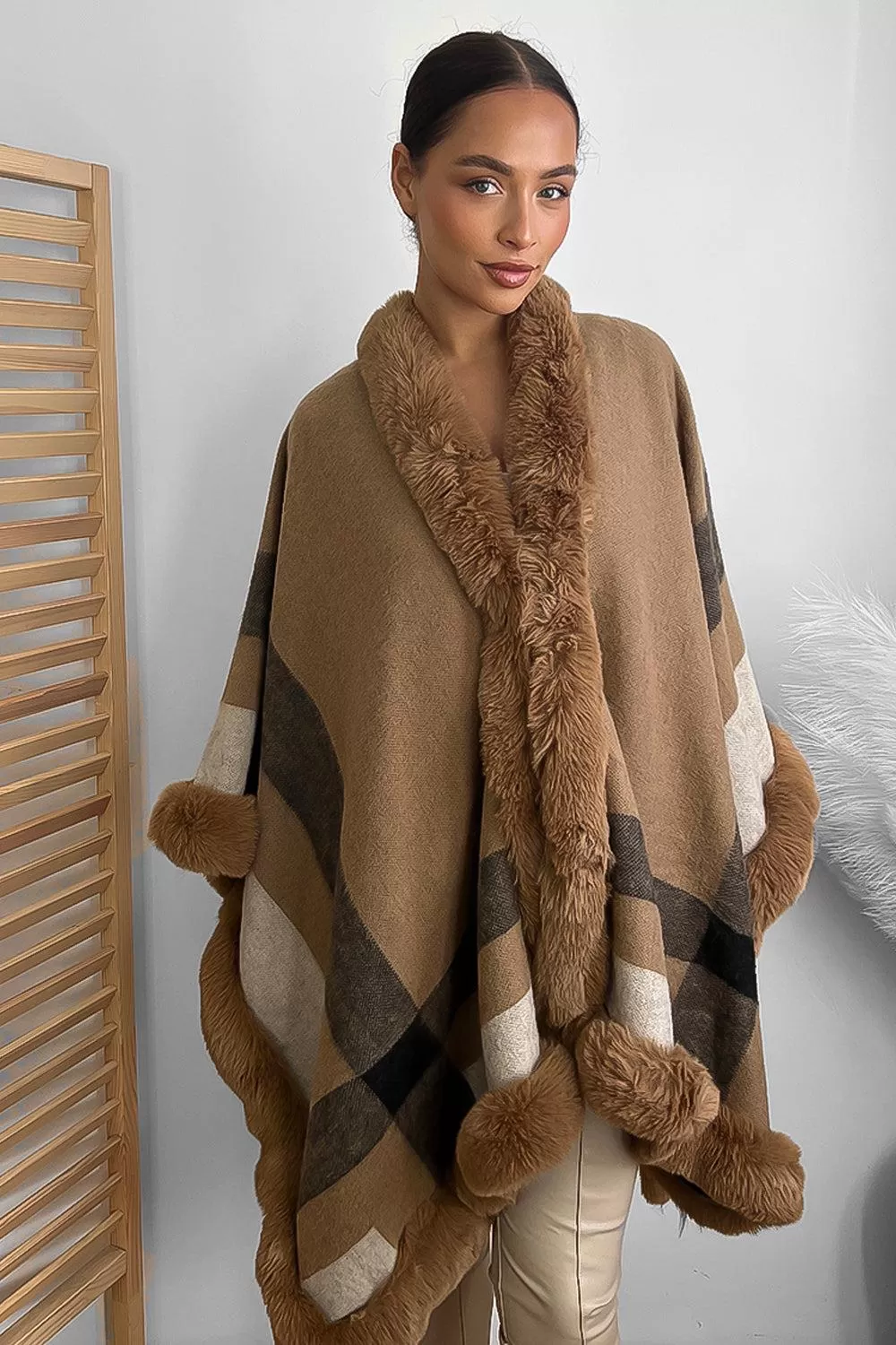 Vegan Fur Trim Checked Pattern Throwover Shawl