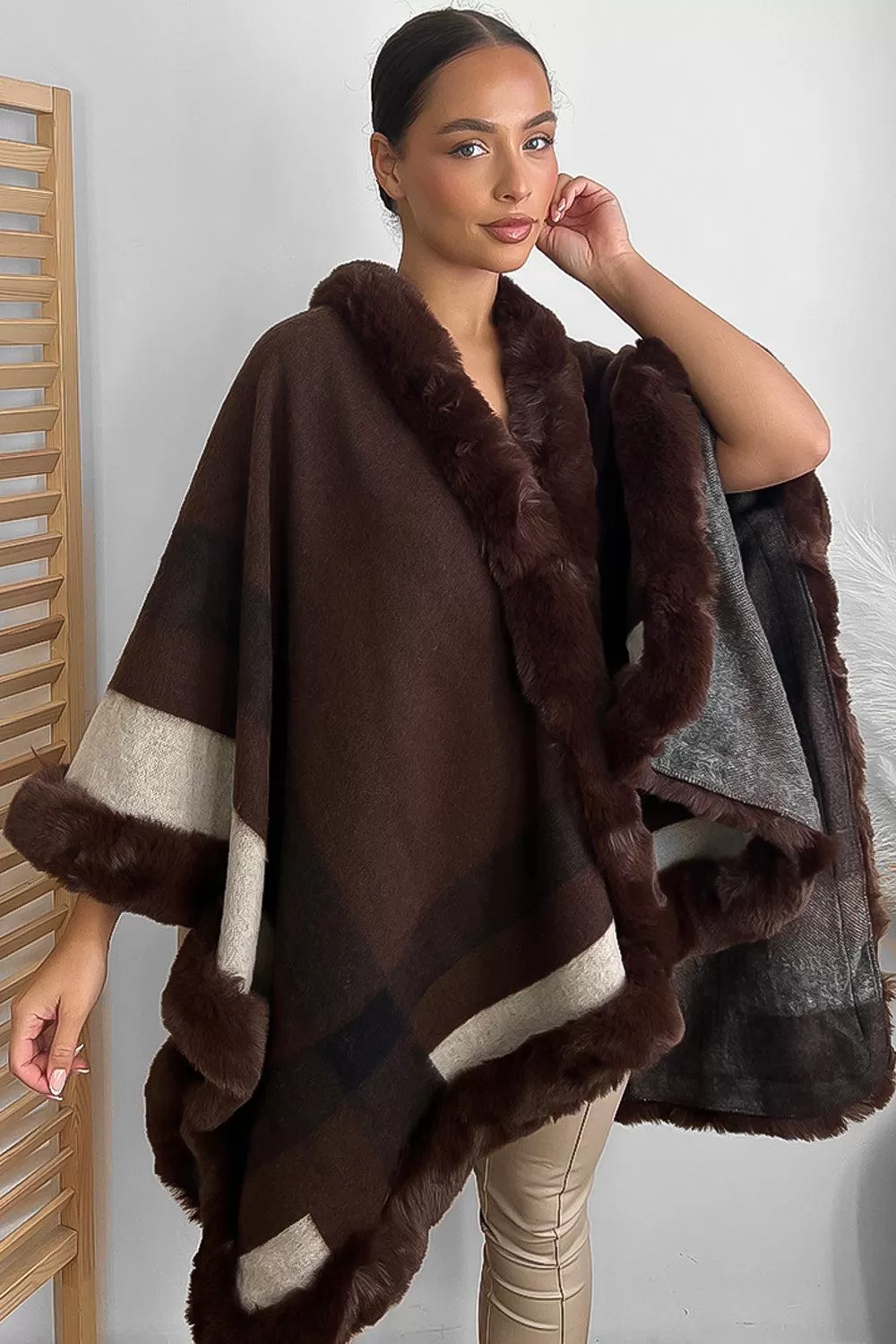 Vegan Fur Trim Checked Pattern Throwover Shawl