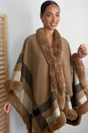 Vegan Fur Trim Checked Pattern Throwover Shawl