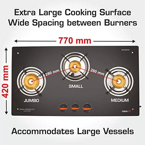 Vidiem Gas Stove G3 121 A Air Plus (Orange) | 3 Burner Gas Stove Frameless | 8mm Glass Gas Stove | Manual Ignition