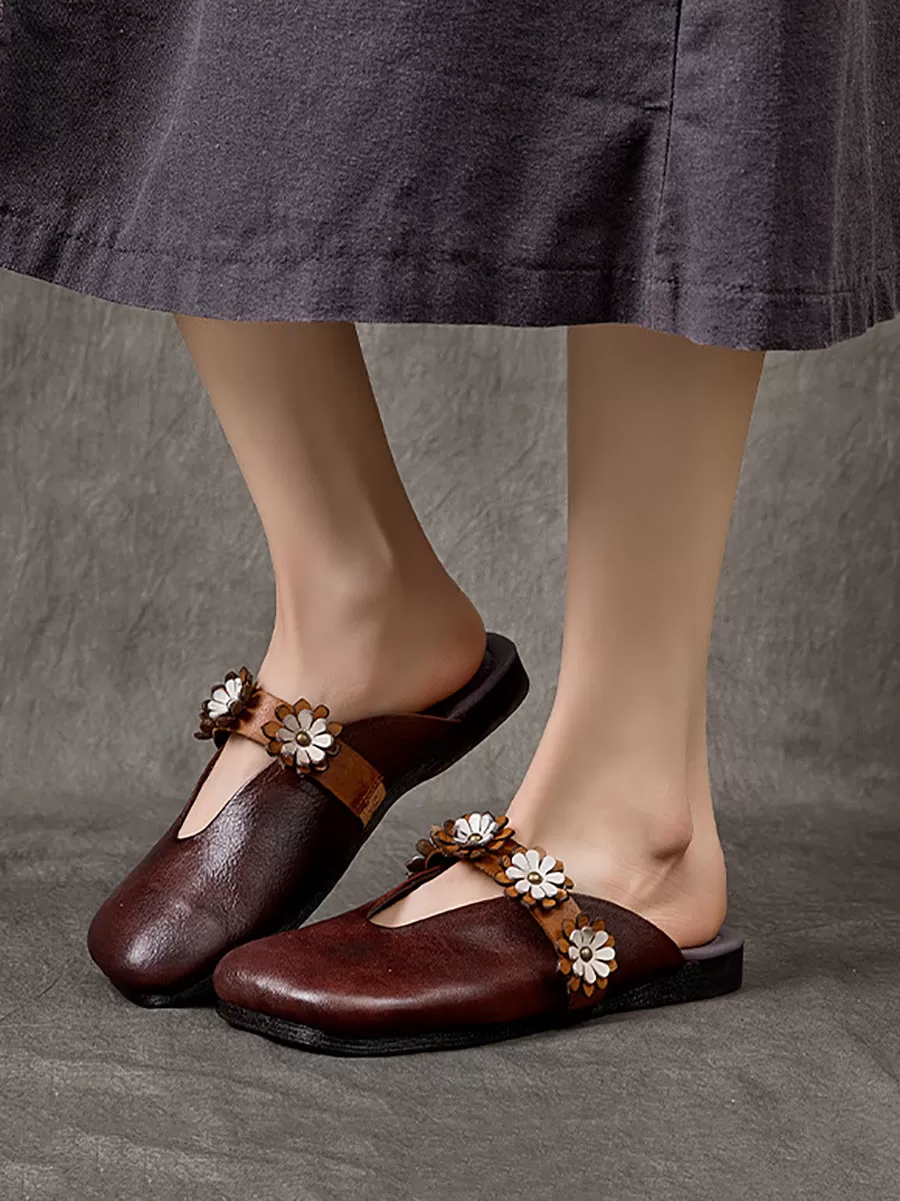 Women Summer Solid Flower Leather Slippers SC1011