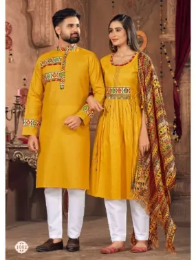 Yellow Couple Navratri White Kurta Pajama & Dupatta for Men Women